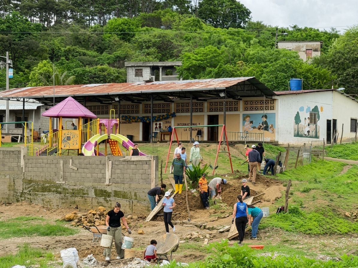Misioneros y vecinos cavando la zanja para la pared de la escuela