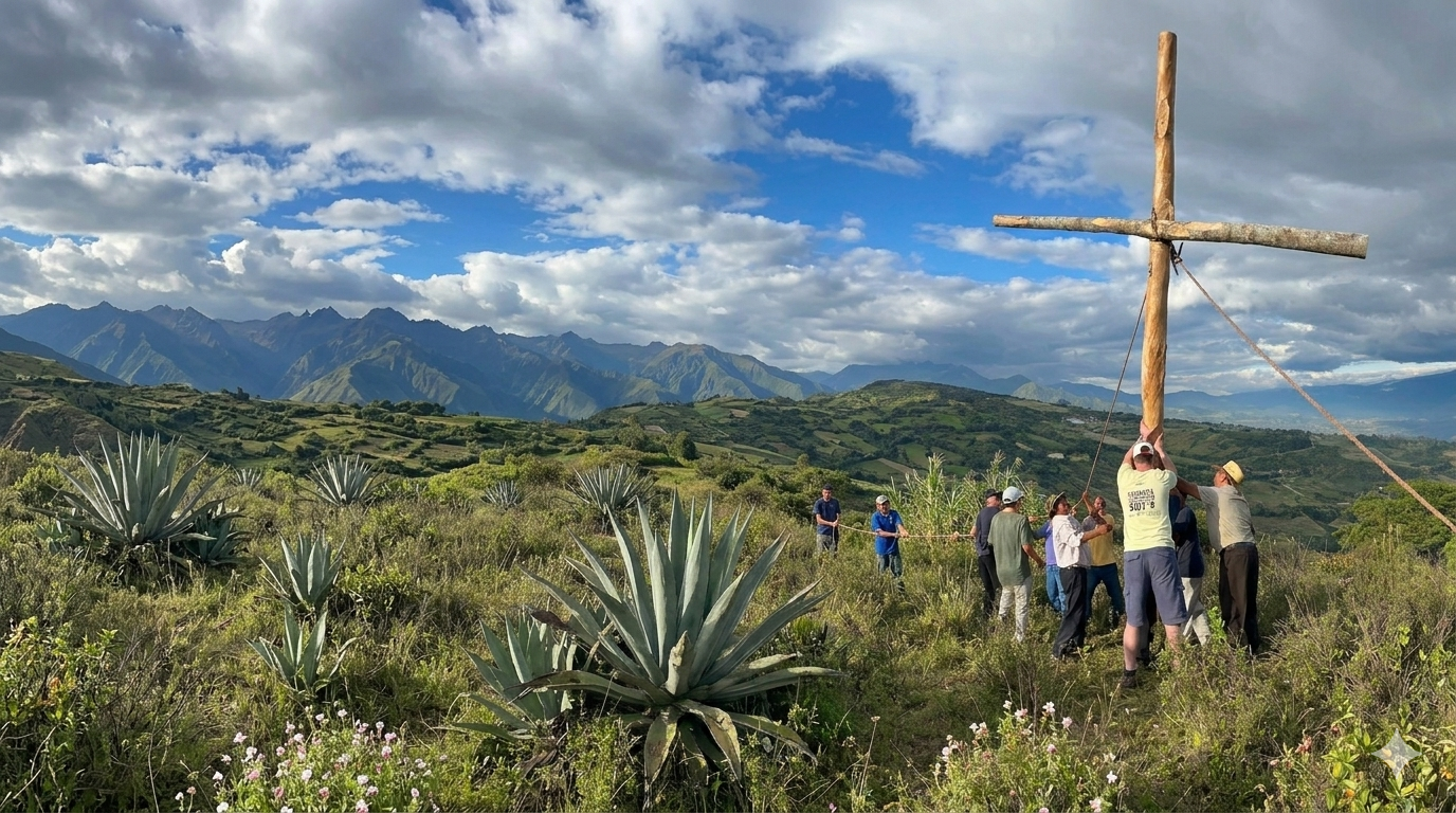Misioneros levantando una cruz en las montañas del Ecuador